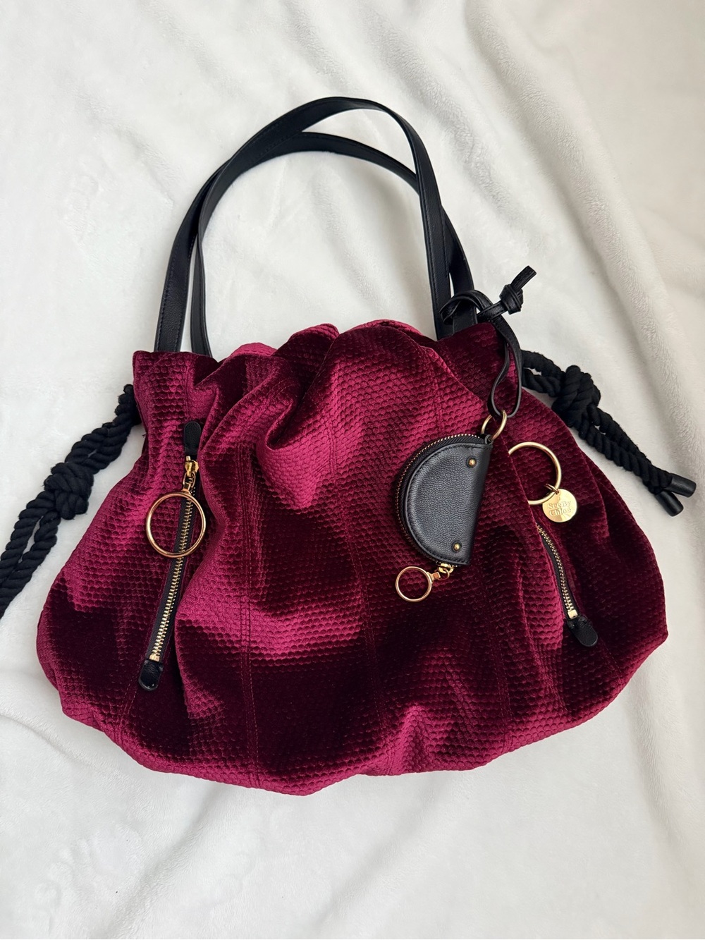 See By Chloe Burgundy Velvet Drawstring shoulder Bag - Picture 2 of 9
